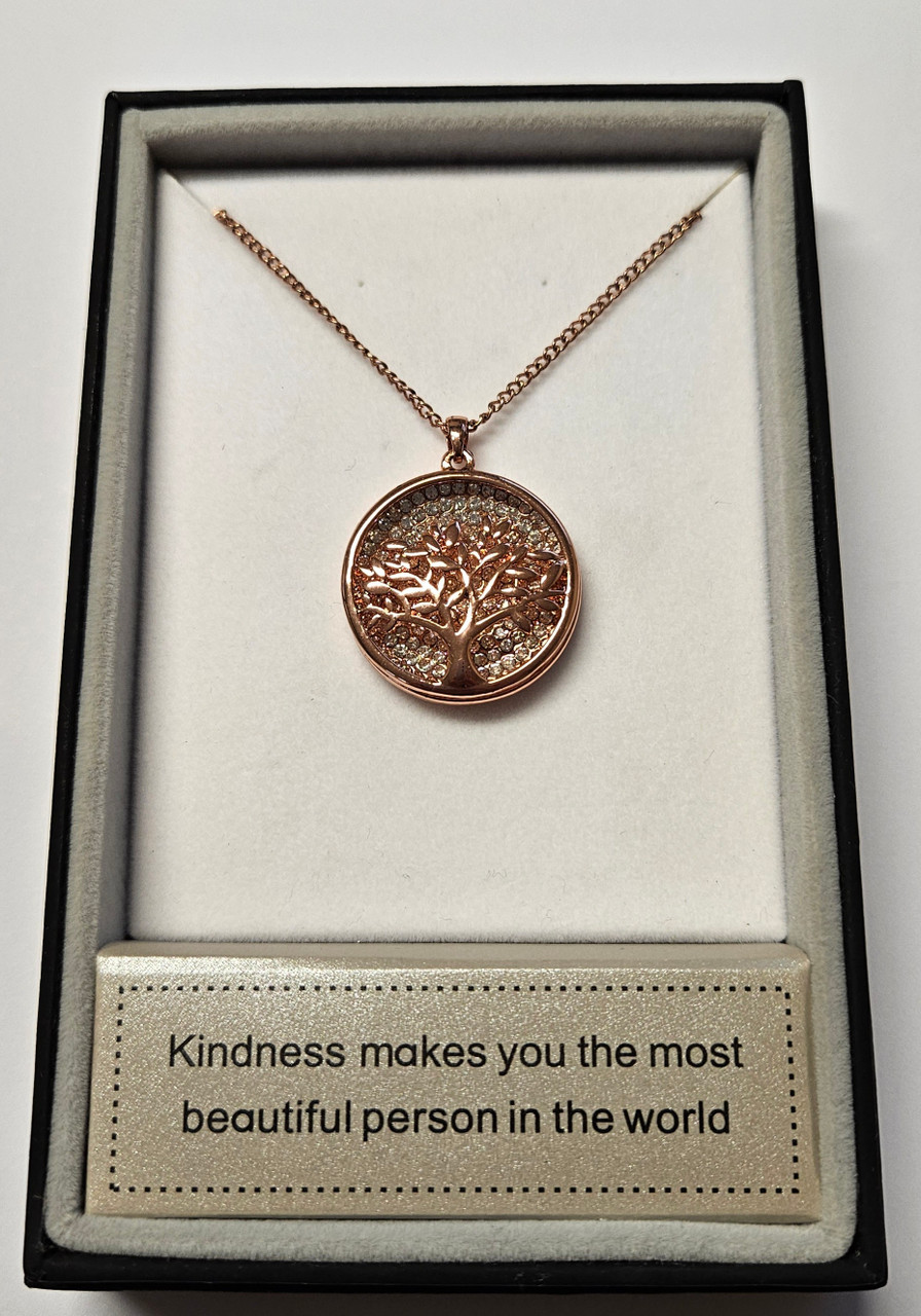 Rose Gold Tree of Life Necklace w/ Crystal Disc