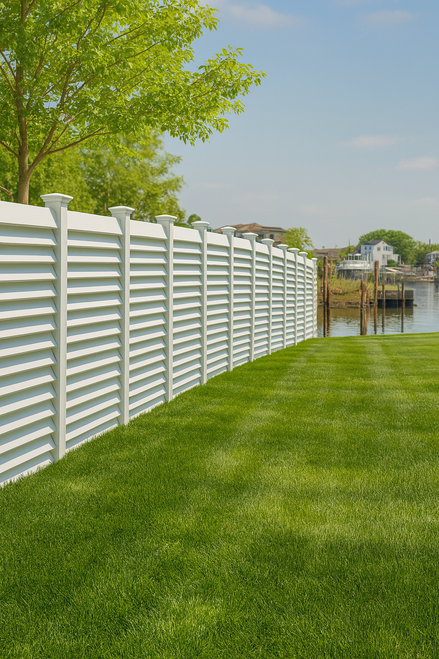 Angled horizontal infill boards provide privacy while allowing air to flow between