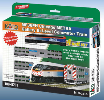 Kato 1068701 N MP36PH Chicago METRA Gallery Bi-Level Commuter Train Starter Series 4-Unit Set
