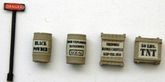 J & L Innovations 525 HO Scale Custom Mine Explosive Set (Sign,Keg,Crates) (5)