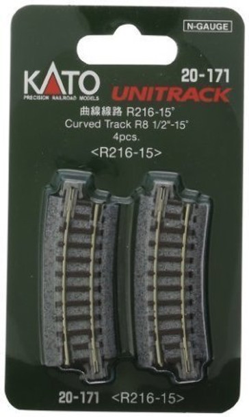 Kato 20-171 N Scale Unitrack 216mm (8 9/16") Radius 15-Degree Curve Track (4)