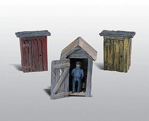 Woodland Scenics D214 HO Scale 3 Outhouses and Man Kit