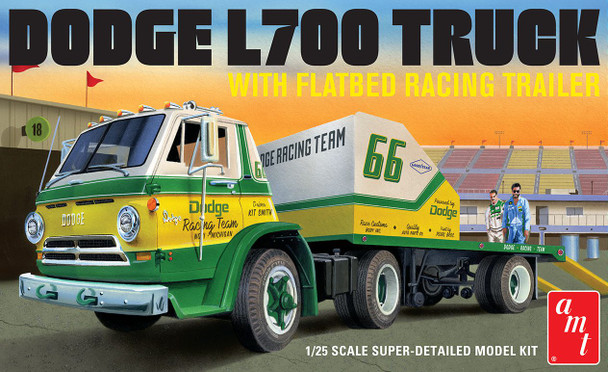 AMT 1368 1:25 Scale 1966 Dodge L700 Truck w/Flatbed Racing Trailer Model Kit