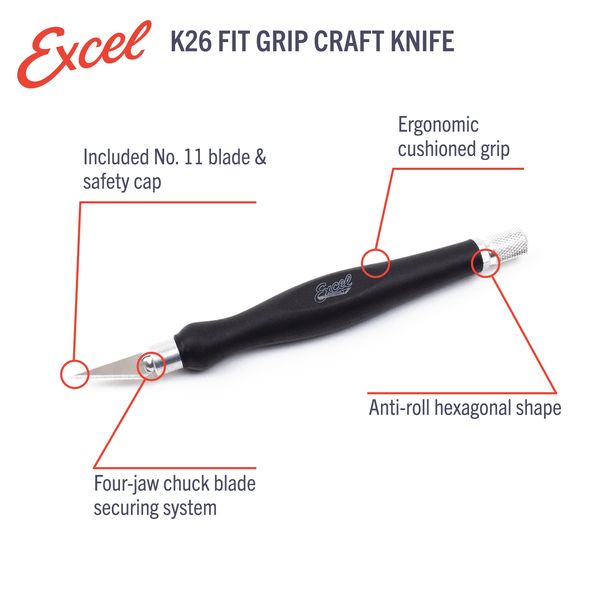 Excel Blades 15026 K26 Fit Grip Knife with 5 #11 Blades Hobby Craft Tool