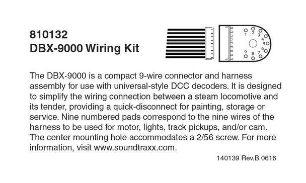 Soundtraxx 810132 DBX-9000 Locomotive Tender Wiring Harness Kit for DCC Sound