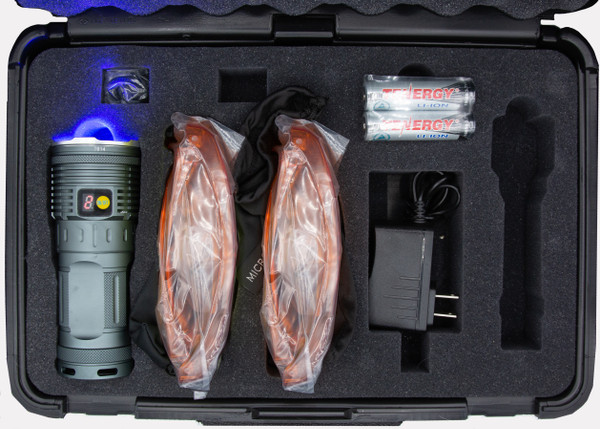 Kit contains flashlight, four batteries, charger, and two pair of U60 orange viewing glasses.