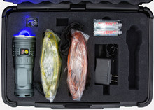 Seven-emitter high-flux selectable 365nm UV / 450nm Blue / Neutral White crime scene flashlight kit