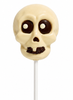 White chocolate-style skull lollipop with dark chocolate facial details on a white stick