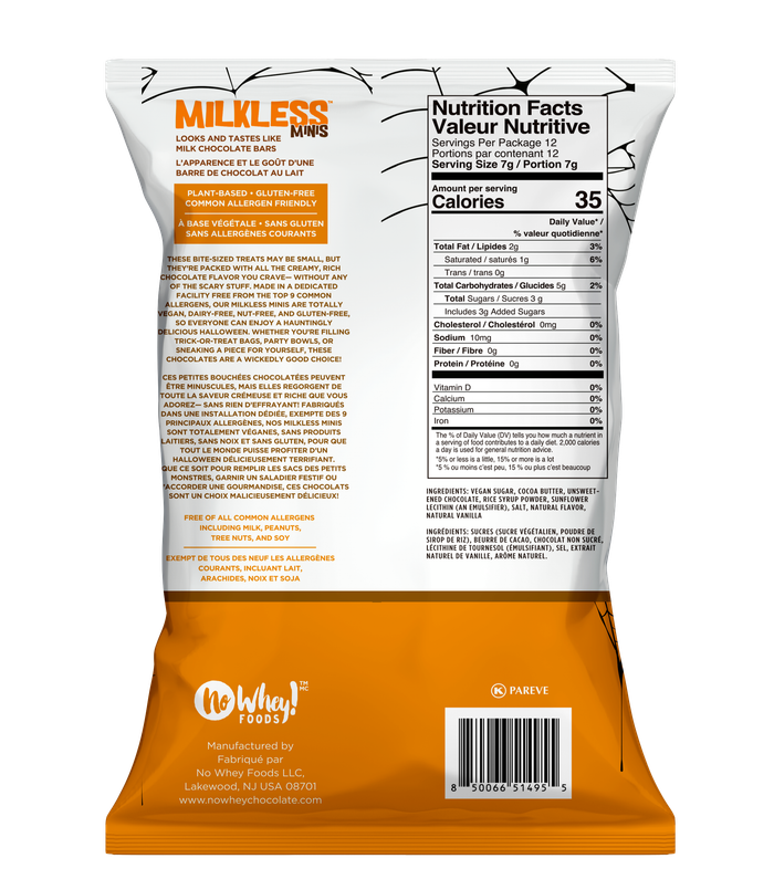 Back of the Milkless Minis bag displaying product details, ingredients, and nutritional information.