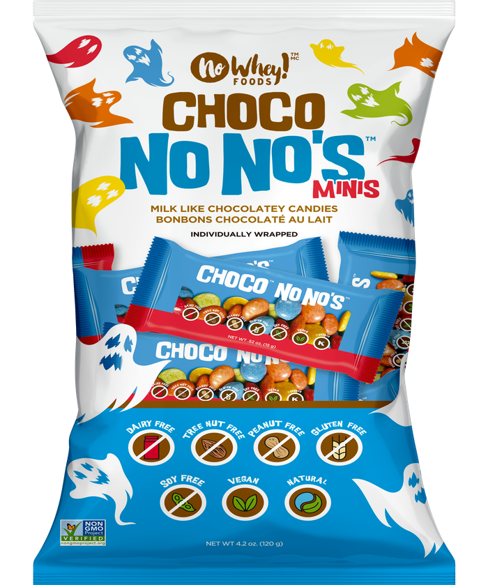 No Whey! Foods Choco No No's Minis Halloween Edition candy bag, featuring colorful candy-coated chocolates