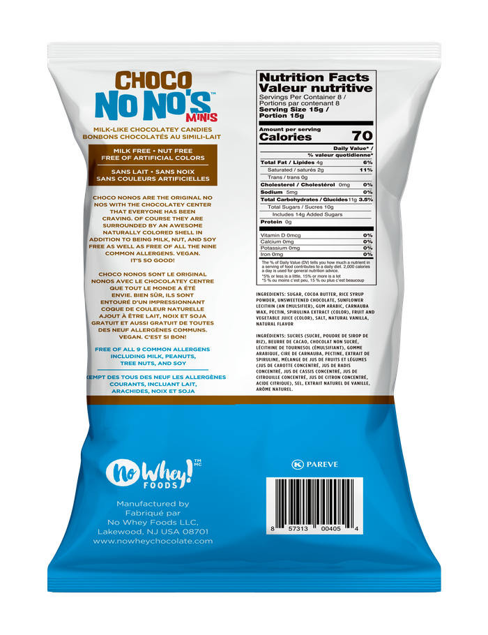 Back of the Choco No No's Minis Halloween Edition bag showing product and nutritional information