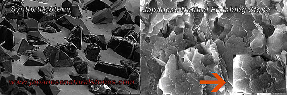 Microscope comparison of synthetic stone particles vs Japanese natural stone flakes