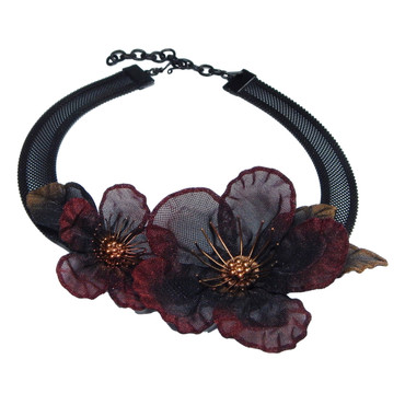 Cherry Blossoms Collar Necklace in Black with Deep Merlot