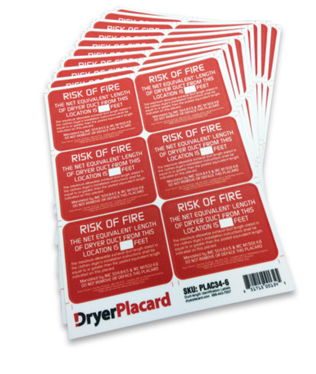 Dryer Placard - 3” X 4” permanent label.  Sheet of 6 labels.