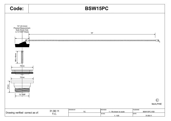 BSW15PC McAlpine 1.5" Centre Pin Stainless Steel Top Bath Waste with Chrome Chain Diagram
