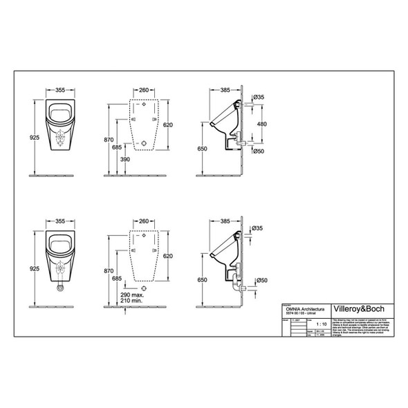 V & B Omnia Architectura Siphonic Urinal  with Concealed Inlet, fastening St and Concealed Waste Unit 5574.00.01 | 9326.00.00