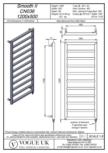 Vogue Smooth 11 Wall Mounted Heated Towel Rail in Chrome 120050cp