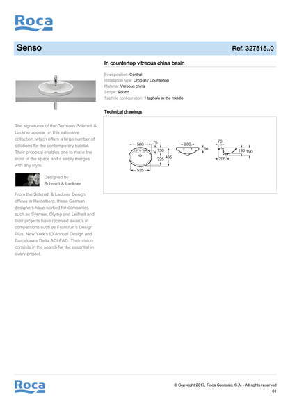 Roca Senso 580mm Inset Vanity Basin with 1 Tap Hole 327515000