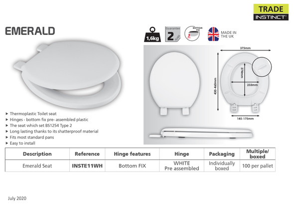 Wirquin Emerald Seat and Cover with Heavy Duty Plastic Hinges INSTE11WH