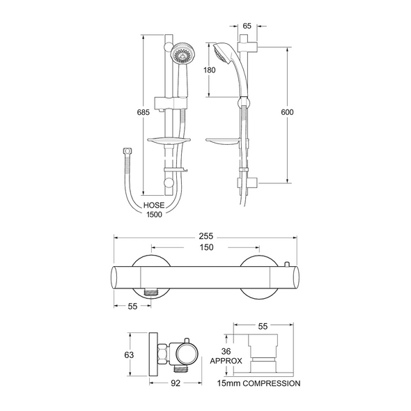 Deva Combi Thermostatic Bar Shower with Multi Mode Slide Rail Kit Chrome Plated        COMBMEF