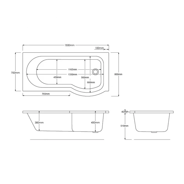 Pura Curve 1500 mm Shower Bath Right Hand with Front Panel INSSHOWE005