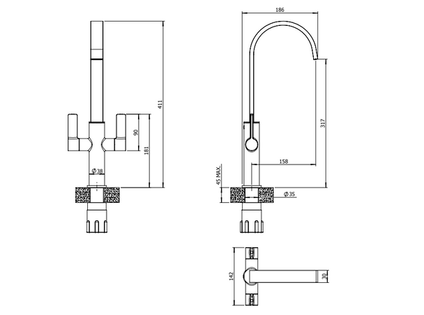 Francis Pegler Jeroni Swept Spout Twin Lever Kitchen Mixer Varies Colours