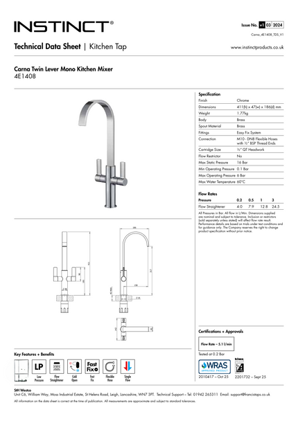 Francis Pegler Jeroni Swept Spout Twin Lever Kitchen Mixer Varies Colours