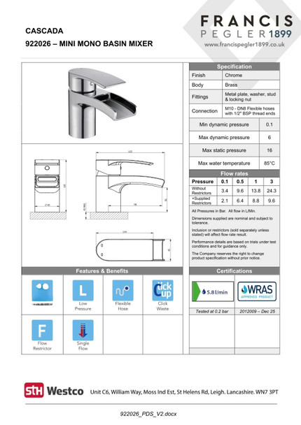 Francis Pegler Cascade Mini Basin Mixer with Click Waste 922026