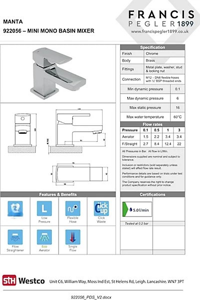 STH Westco Manta Mini Basin Mixer with Click Waste in Chrome 922056