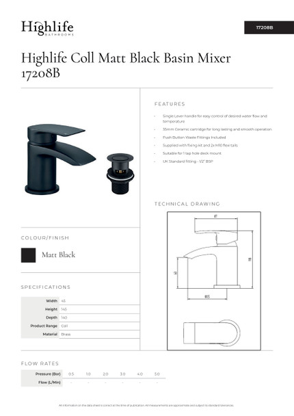 Highlife Coll Mini Basin Mixer with Click Waste in Black 17208B