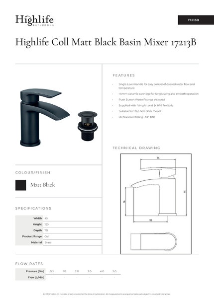 Marked Highlife Coll Basin Mixer with Click Waste in Black 17213B