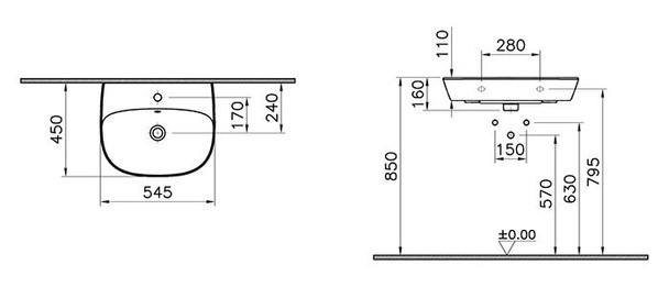 Vitra Zentrum 550 mm 1 tap Hole Basin with Semi Pedestal 7277L003-0001