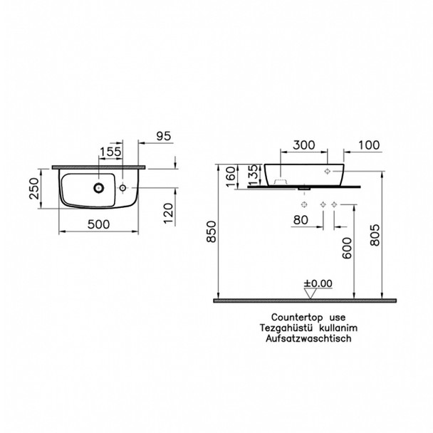 Vitra Shift Compact Washbasin for Countertops with 1 right Tap Hole 7070-003-0921