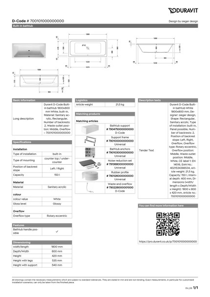 Duravit D Code Double Ended Bath 1800 x 800 mm 700101000000000
