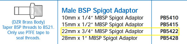Polypipe Polyplumb 22mm x 3/4" Male Spigot Adaptor PB5422