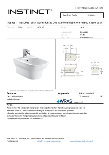 Flawed Imex Grace Wall Mounted Bidet with 1 Tap Hole INSLO031