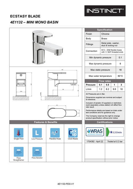 STH Westco Strata Blade Mini Mono Basin Mixer with Click Waste 4E1132