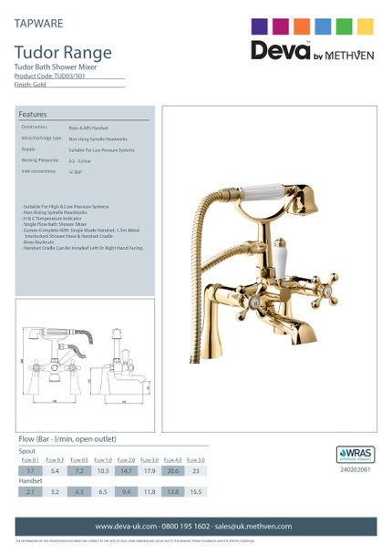 Deva Tudor 2 Tap Hole Bath Shower Mixer with Hand Shower in Gold TUD03 501