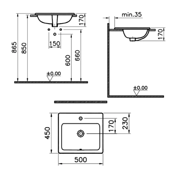 Vitra S20 Countertop Washbasin 500mm with 1 Tap Hole 5464B003-0001