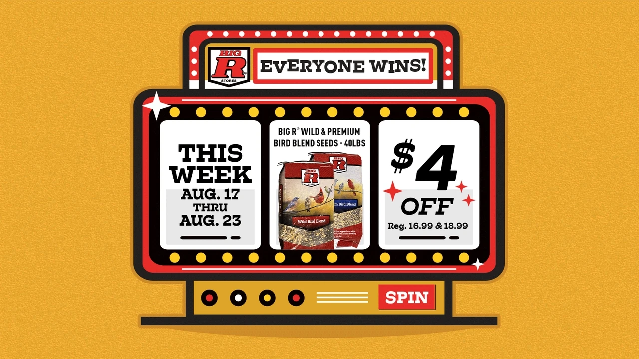 Click here for the Big R Deal of the Week: this week, August 17th through 23rd, get $4 off Big R Wild & Premium bird blend seeds, 40lb, regularly $16.99 and $18.99.