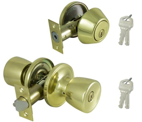 ProSource Combo Deadbolt and Knob Set (Keyed) - Polished Brass