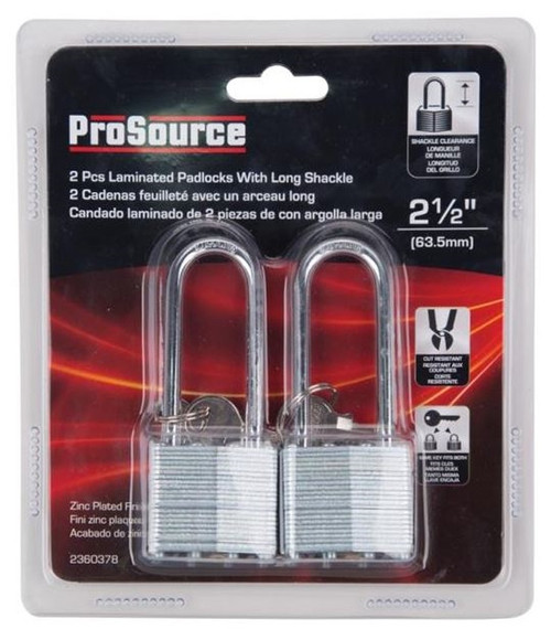 ProSource 2360378 Laminated Padlock - 1-1/2 In, 4 Pins, Long Hardened Steel Shackle, Galvanized Steel, Zinc Plated