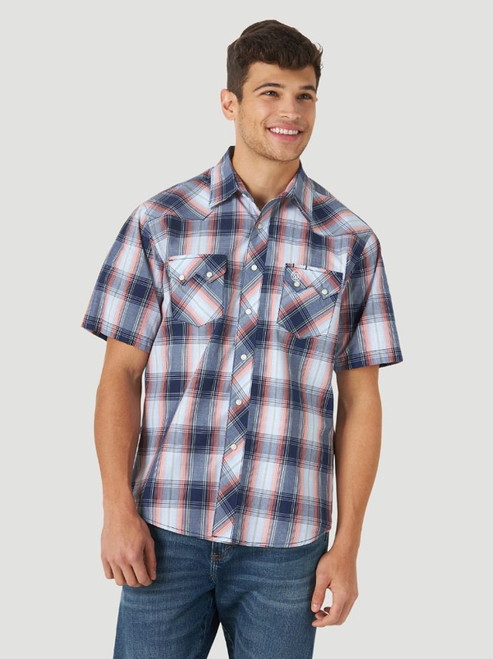 Wrangler Retro Blue Plaid Snap Short Sleeve Shirt