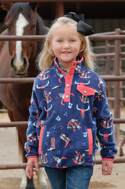 Cinch Girl's Navy/Pink Ranch Print Long Sleeve Pullover Fleece