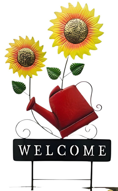 Cheap Carls "Welcome" Red Watering Can with Sunflowers Assist on Two Metal Lawn Stakes