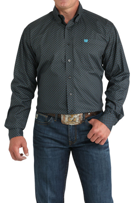 Cinch Men's Charcoal Geometric Printed Stretch Classic Fit Long Sleeve Button-Down Western Shirt