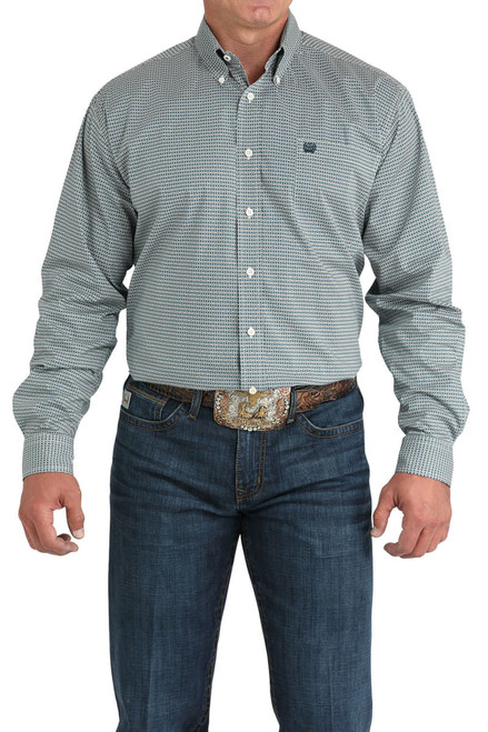 Cinch Men's Teal Geometric Printed Stretch Classic Fit Long Sleeve Button-Down Western Shirt