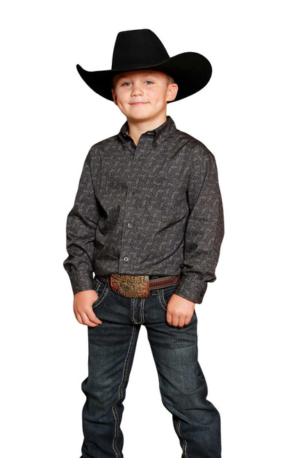 Cinch Boys Charcoal Printed Plain Weave Long Sleeve Button-Down Western Shirt
