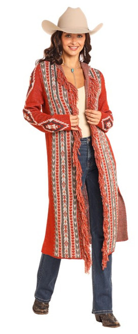 Rock & Roll Cowgirl Ladies Aztec Rust Sweater Hooded Cardigan