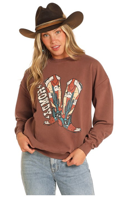 Rock & Roll Cowgirl Women's Chocolate Howdy Boots Graphic Oversized Sweatshirt